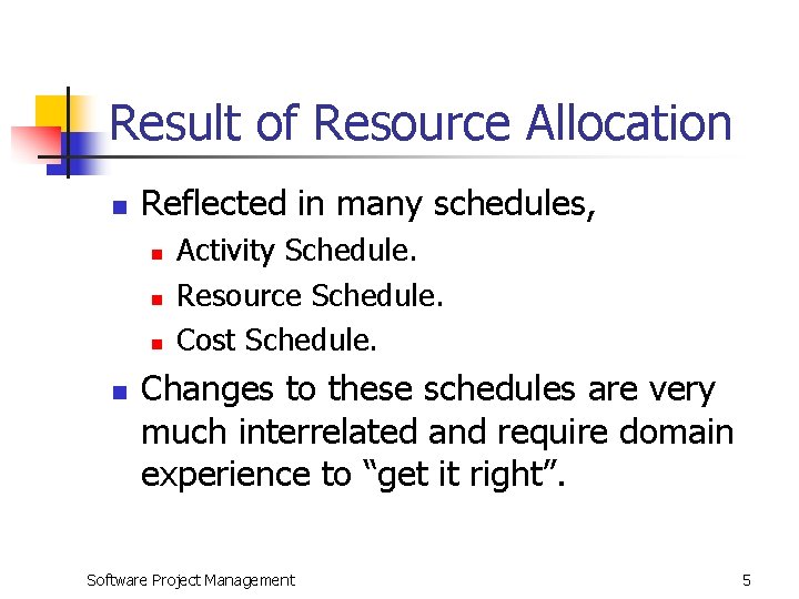 Result of Resource Allocation n Reflected in many schedules, n n Activity Schedule. Resource