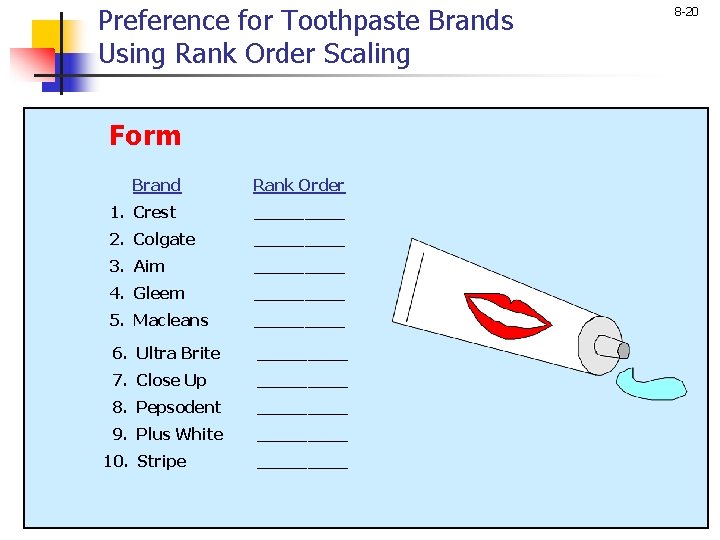 Preference for Toothpaste Brands Using Rank Order Scaling Form Brand Rank Order 1. Crest
