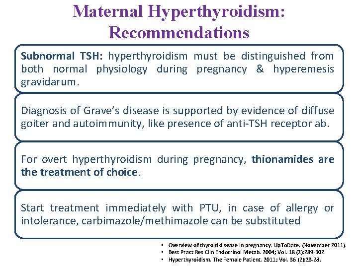 Maternal Hyperthyroidism: Recommendations Subnormal TSH: hyperthyroidism must be distinguished from both normal physiology during