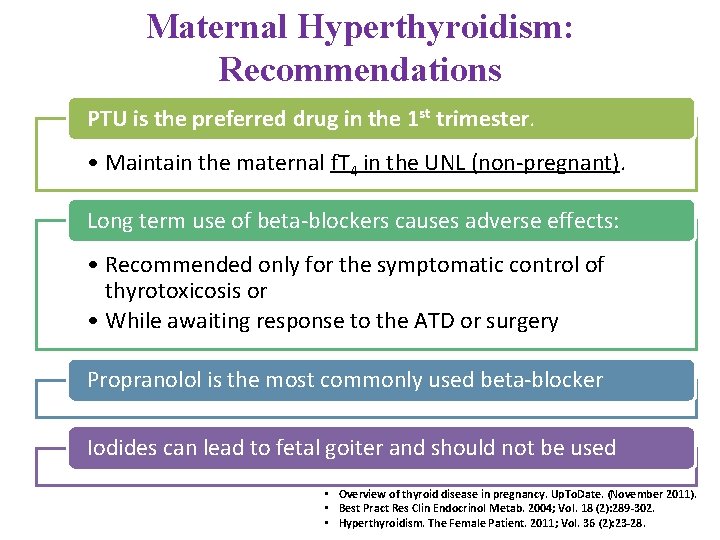 Maternal Hyperthyroidism: Recommendations PTU is the preferred drug in the 1 st trimester. •