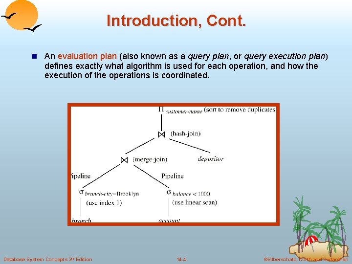 Introduction, Cont. n An evaluation plan (also known as a query plan, or query