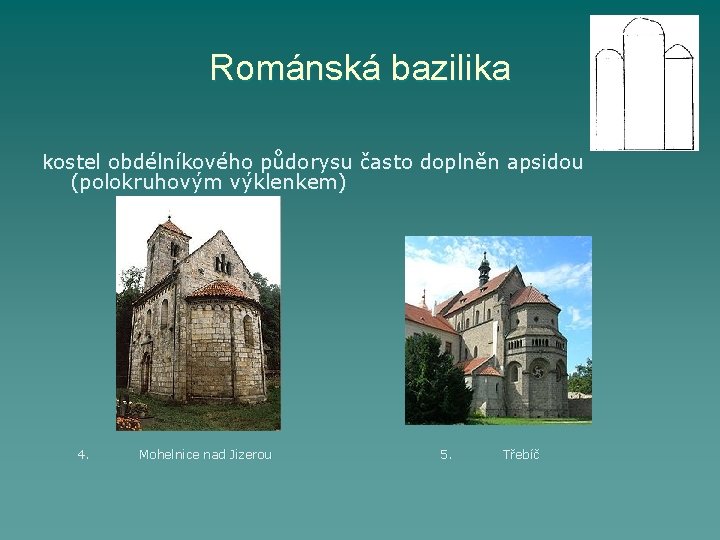 Románská bazilika kostel obdélníkového půdorysu často doplněn apsidou (polokruhovým výklenkem) 4. Mohelnice nad Jizerou