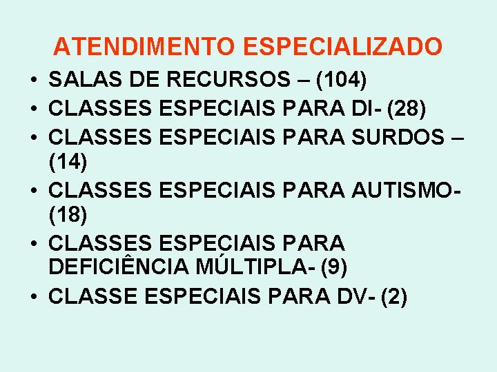 ATENDIMENTO ESPECIALIZADO • SALAS DE RECURSOS – (104) • CLASSES ESPECIAIS PARA DI- (28)