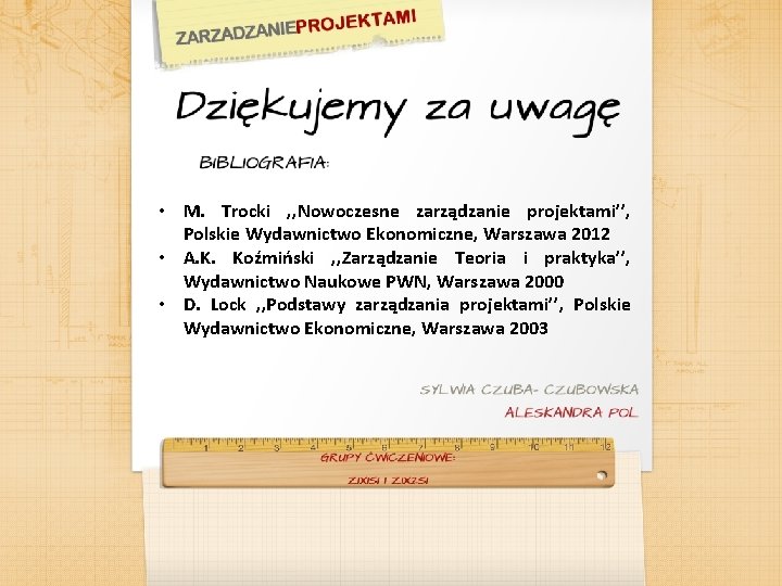  • M. Trocki , , Nowoczesne zarządzanie projektami’’, Polskie Wydawnictwo Ekonomiczne, Warszawa 2012