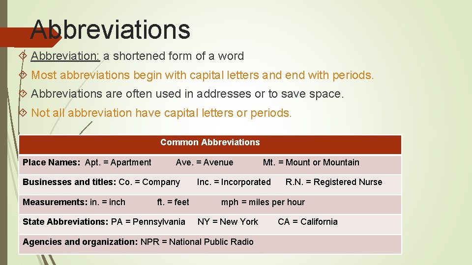 Abbreviations Abbreviation: a shortened form of a word Most abbreviations begin with capital letters