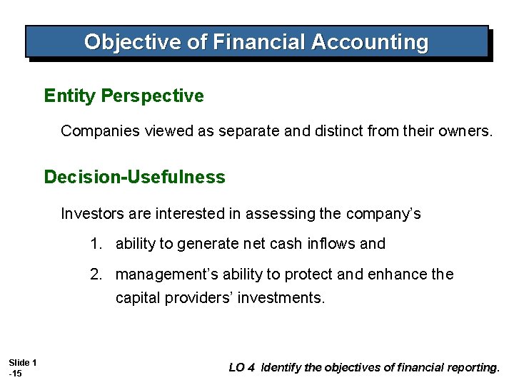 Objective of Financial Accounting Entity Perspective Companies viewed as separate and distinct from their Objective of Financial Accounting Entity Perspective Companies viewed as separate and distinct from their
