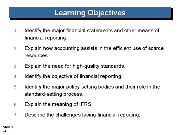 Learning Objectives Slide 1 -3 1. Identify the major financial statements and other means Learning Objectives Slide 1 -3 1. Identify the major financial statements and other means