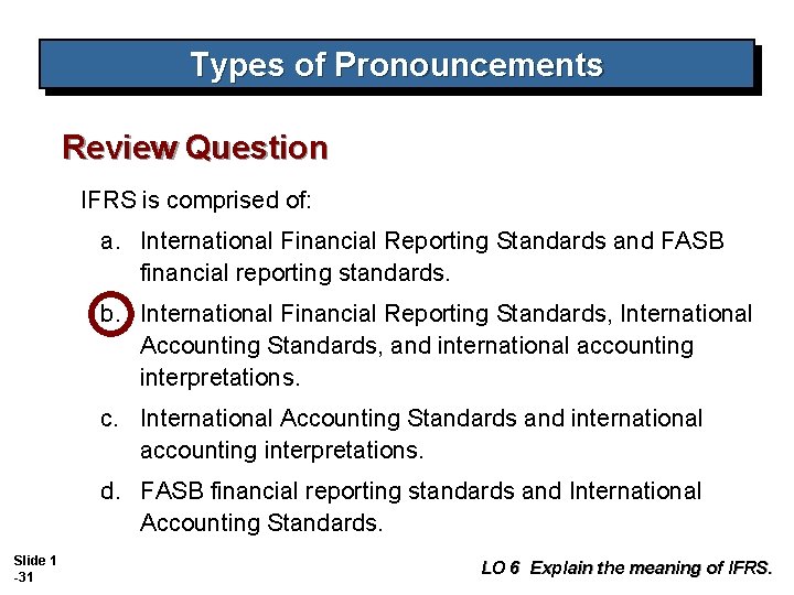 Types of Pronouncements Review Question IFRS is comprised of: a. International Financial Reporting Standards Types of Pronouncements Review Question IFRS is comprised of: a. International Financial Reporting Standards