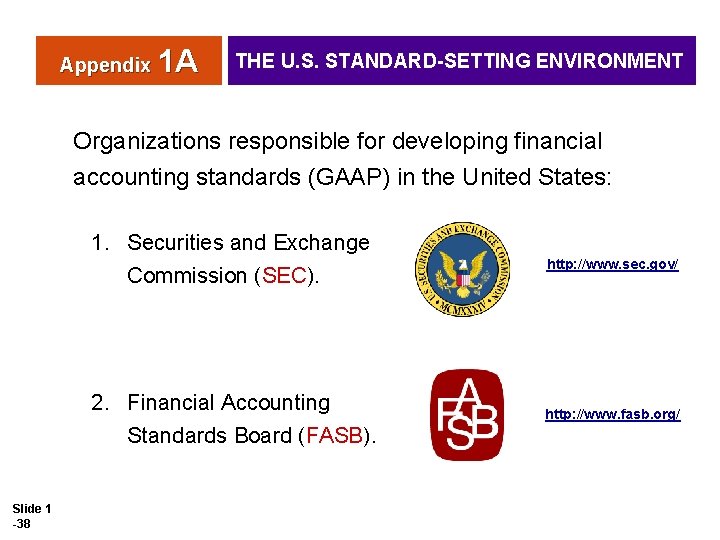 Appendix 1 A THE U. S. STANDARD-SETTING ENVIRONMENT Organizations responsible for developing financial accounting Appendix 1 A THE U. S. STANDARD-SETTING ENVIRONMENT Organizations responsible for developing financial accounting