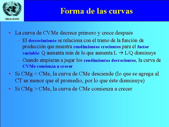 Forma de las curvas CEPAL/ILPES • La curva de CVMe decrece primero y crece