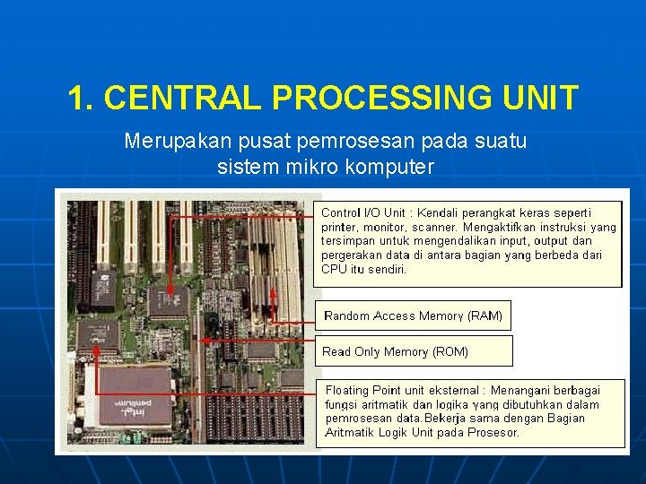 1. CENTRAL PROCESSING UNIT Merupakan pusat pemrosesan pada suatu sistem mikro komputer 