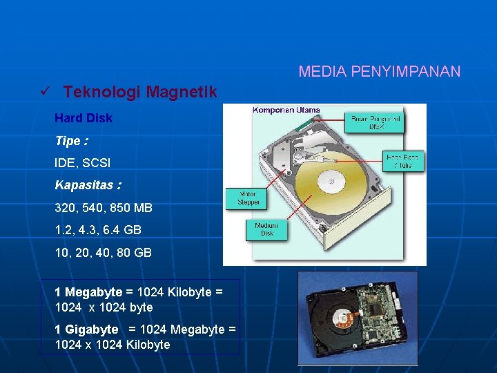 MEDIA PENYIMPANAN ü Teknologi Magnetik Hard Disk Tipe : IDE, SCSI Kapasitas : 320,