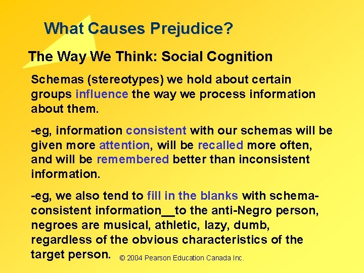 What Causes Prejudice? The Way We Think: Social Cognition Schemas (stereotypes) we hold about