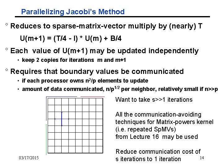 Parallelizing Jacobi’s Method ° Reduces to sparse-matrix-vector multiply by (nearly) T U(m+1) = (T/4