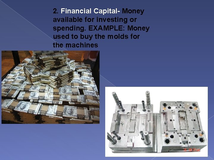 2. Financial Capital- Money available for investing or spending. EXAMPLE: Money used to buy
