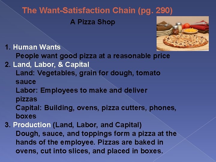 The Want-Satisfaction Chain (pg. 290) A Pizza Shop 1. Human Wants People want good