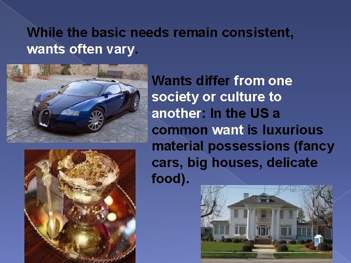  While the basic needs remain consistent, wants often vary. Wants differ from one