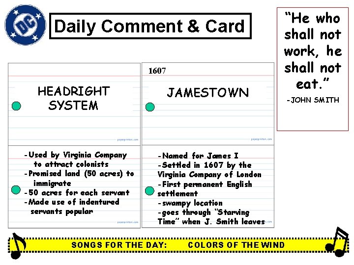 Daily Comment & Card 1607 HEADRIGHT SYSTEM -Used by Virginia Company to attract colonists