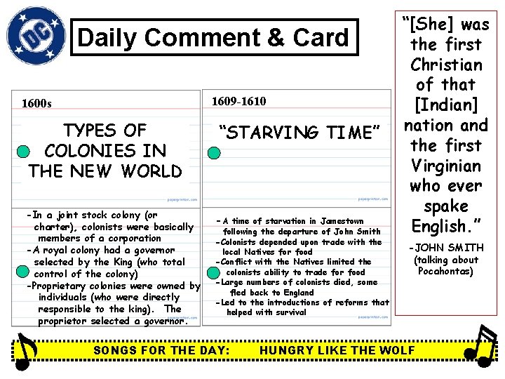 Daily Comment & Card 1609 -1610 1600 s TYPES OF COLONIES IN THE NEW