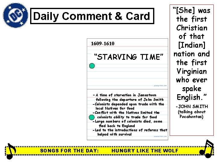 Daily Comment & Card 1609 -1610 “STARVING TIME” -A time of starvation in Jamestown