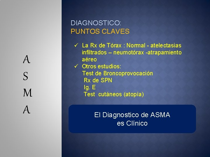 DIAGNOSTICO: PUNTOS CLAVES A S M A ü La Rx de Tórax : Normal