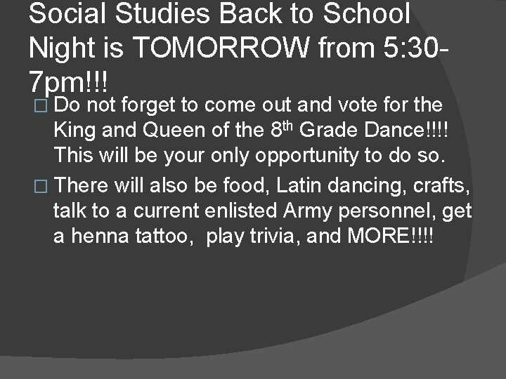 Social Studies Back to School Night is TOMORROW from 5: 307 pm!!! � Do Social Studies Back to School Night is TOMORROW from 5: 307 pm!!! � Do