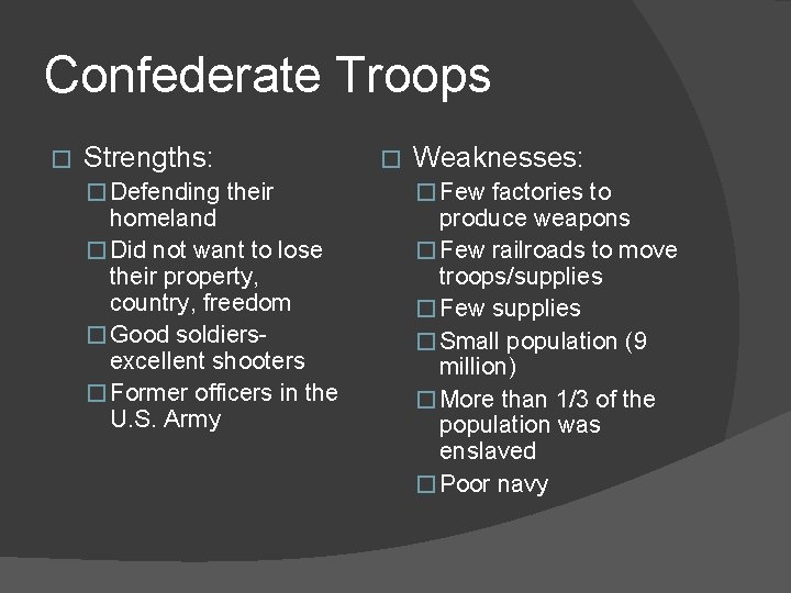 Confederate Troops � Strengths: � Defending their homeland � Did not want to lose Confederate Troops � Strengths: � Defending their homeland � Did not want to lose