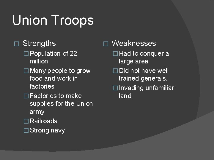 Union Troops � Strengths � Weaknesses � Population of 22 � Had to conquer Union Troops � Strengths � Weaknesses � Population of 22 � Had to conquer