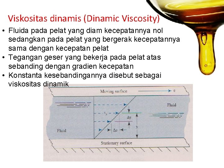 Viskositas dinamis (Dinamic Viscosity) • Fluida pada pelat yang diam kecepatannya nol sedangkan pada