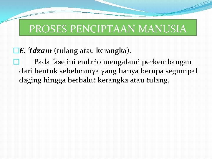 PROSES PENCIPTAAN MANUSIA �E. ‘Idzam (tulang atau kerangka). � Pada fase ini embrio mengalami