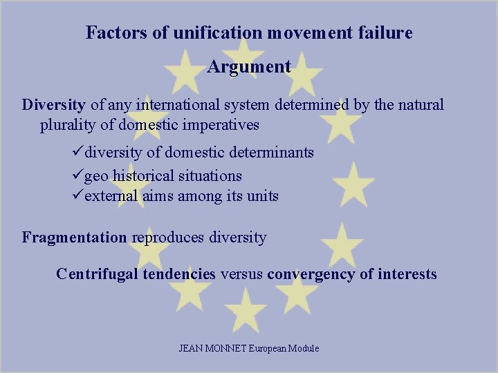 Factors of unification movement failure Argument Diversity of any international system determined by the