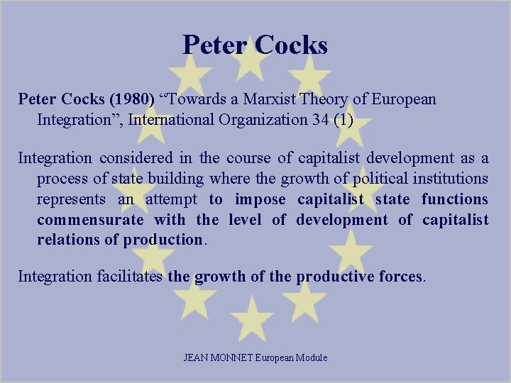 Peter Cocks (1980) “Towards a Marxist Theory of European Integration”, International Organization 34 (1)