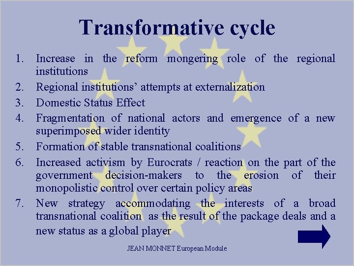Transformative cycle 1. Increase in the reform mongering role of the regional institutions 2.