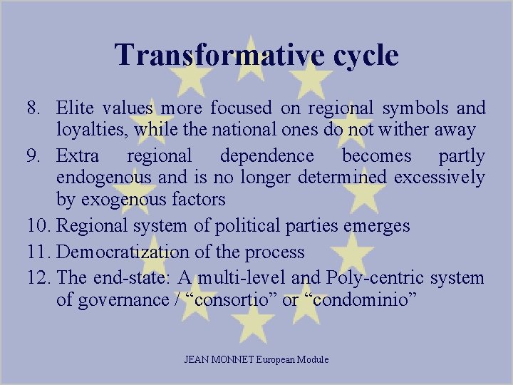 Transformative cycle 8. Elite values more focused on regional symbols and loyalties, while the