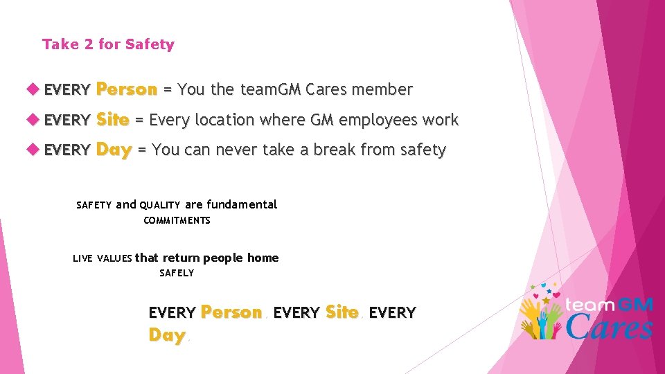 Take 2 for Safety EVERY Person = You the team. GM Cares member EVERY