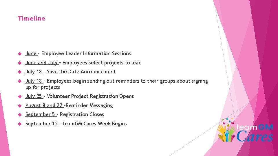 Timeline June - Employee Leader Information Sessions June and July – Employees select projects