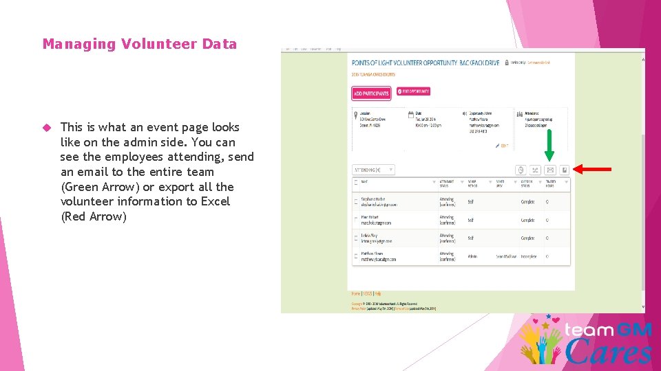 Managing Volunteer Data This is what an event page looks like on the admin