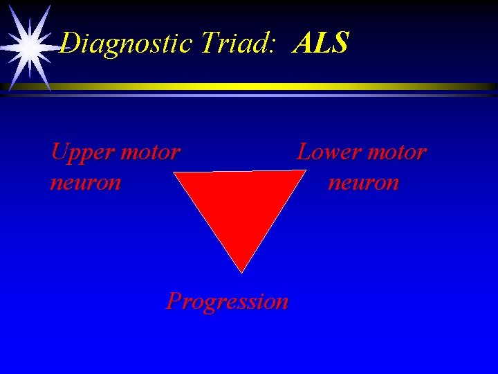 Diagnostic Triad: ALS Upper motor neuron Progression Lower motor neuron 