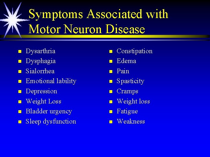 Symptoms Associated with Motor Neuron Disease n n n n Dysarthria Dysphagia Sialorrhea Emotional