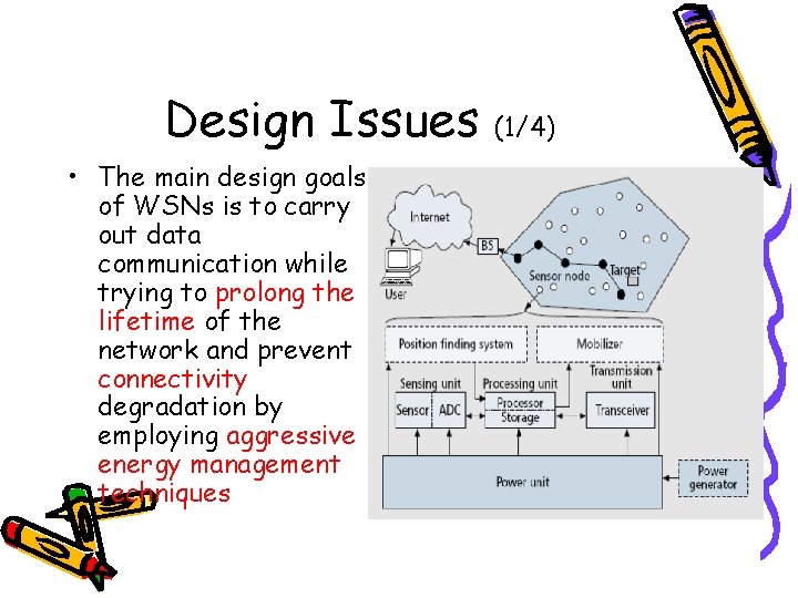 Design Issues • The main design goals of WSNs is to carry out data