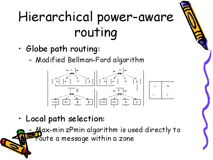 Hierarchical power-aware routing • Globe path routing: – Modified Bellman-Ford algorithm • Local path