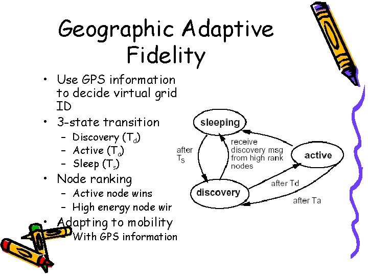 Geographic Adaptive Fidelity • Use GPS information to decide virtual grid ID • 3