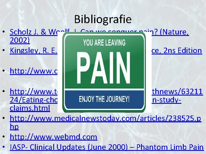 Bibliografie • Scholz J. & Woolf, J. Can we conquer pain? (Nature, 2002) •