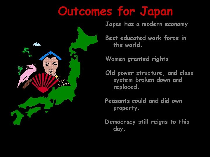Outcomes for Japan has a modern economy Best educated work force in the world.