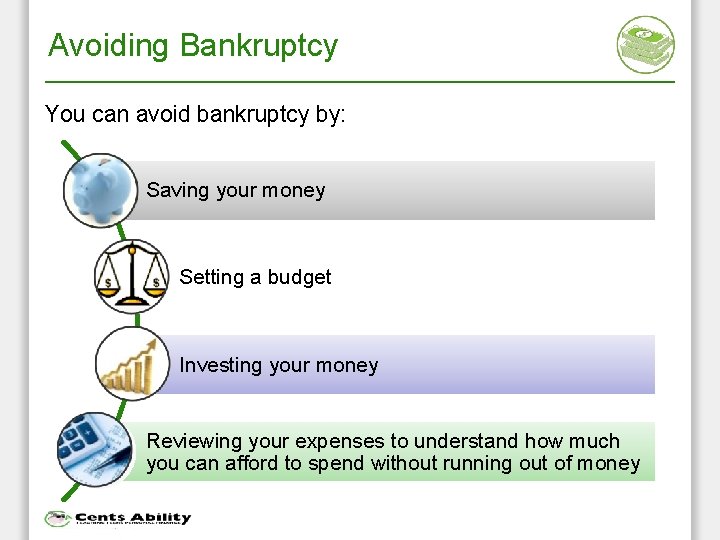 Avoiding Bankruptcy You can avoid bankruptcy by: Saving your money Setting a budget Investing