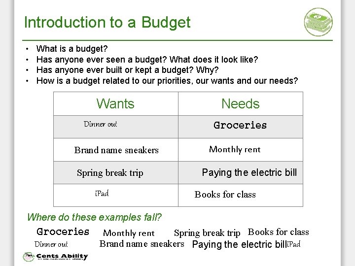 Introduction to a Budget • • What is a budget? Has anyone ever seen