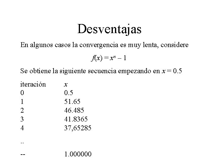 Desventajas En algunos casos la convergencia es muy lenta, considere f(x) = xn –