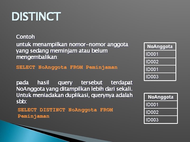 DISTINCT Contoh untuk menampilkan nomor-nomor anggota yang sedang meminjam atau belum mengembalikan: SELECT No.