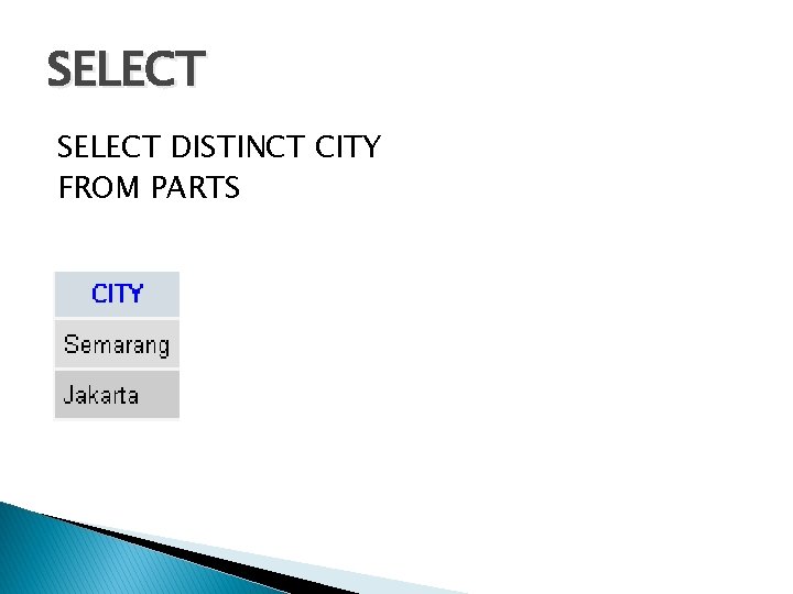 SELECT DISTINCT CITY FROM PARTS 