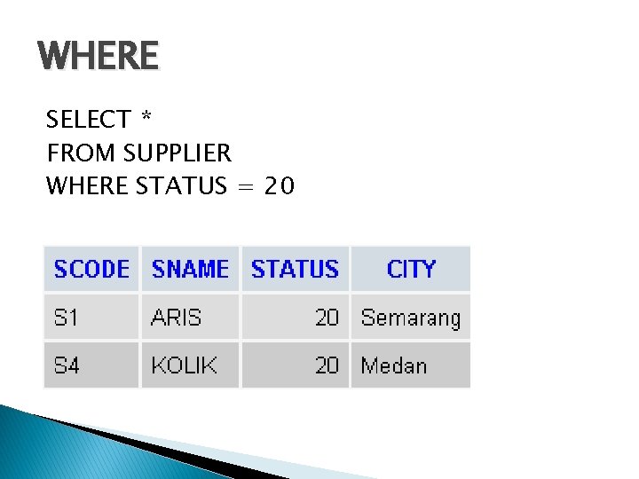 WHERE SELECT * FROM SUPPLIER WHERE STATUS = 20 